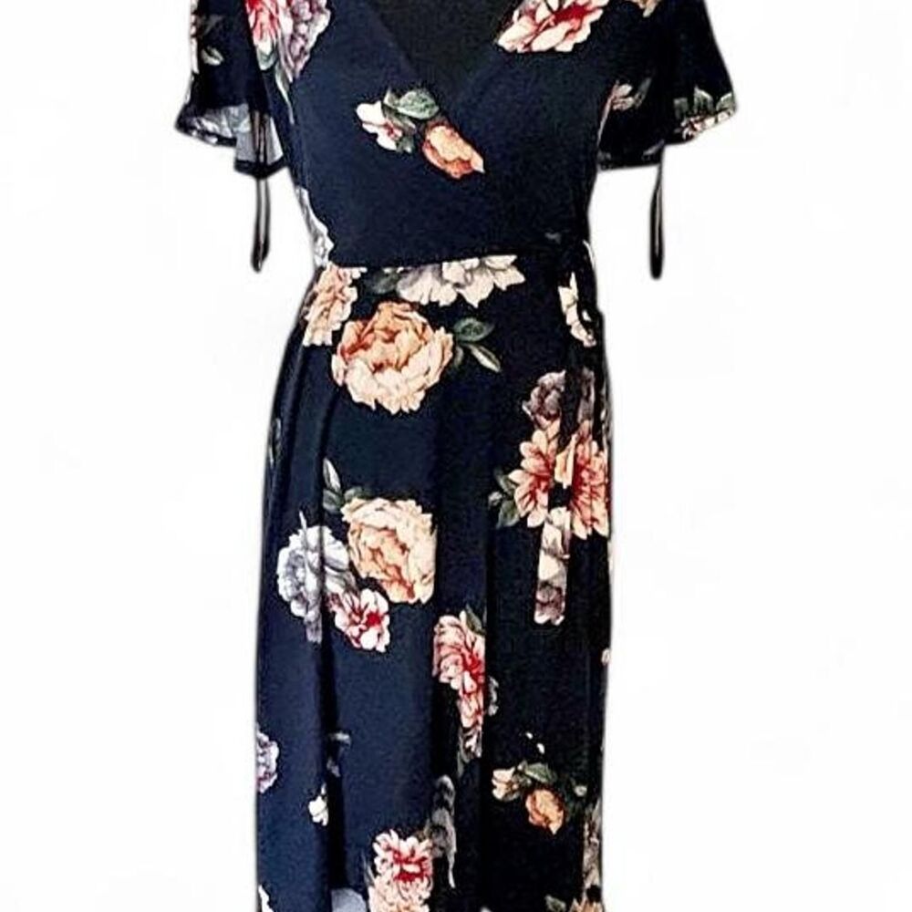 Fortune + Ivy Navy Blue Floral Wrap Midi Dress - Size M